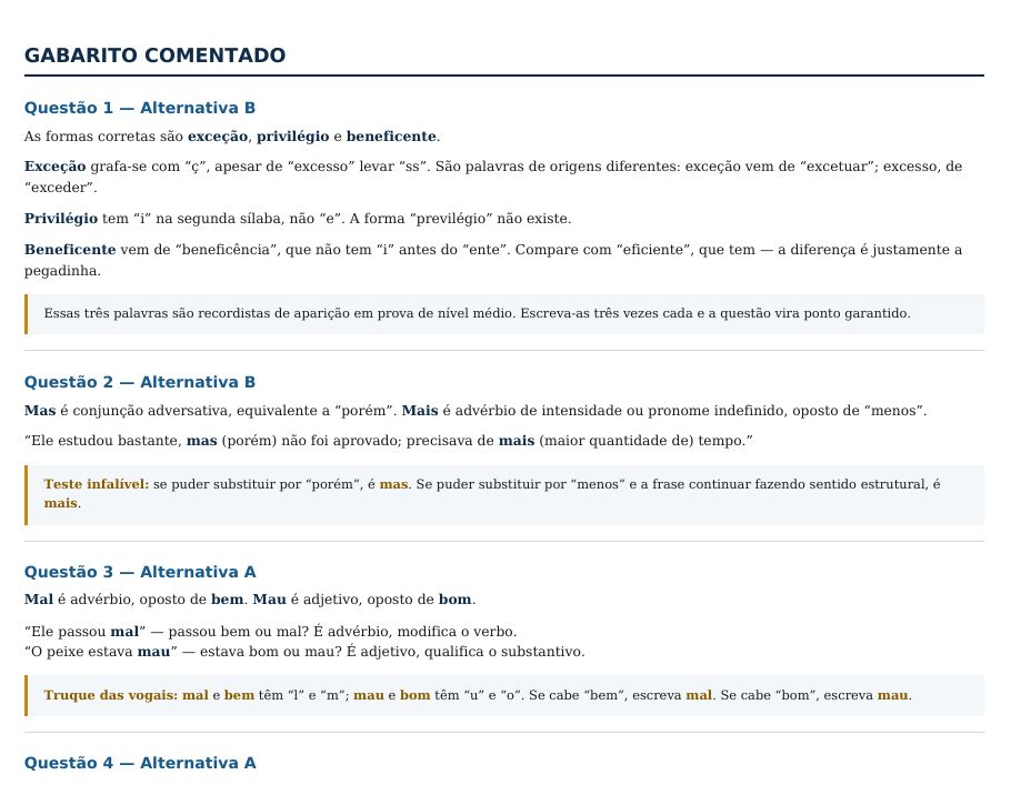 Página do gabarito comentado do caderno de português, com explicação e truque de cada questão
