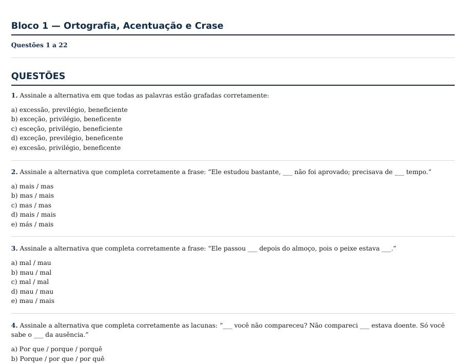 Página de questões do caderno de português, bloco de ortografia, acentuação e crase